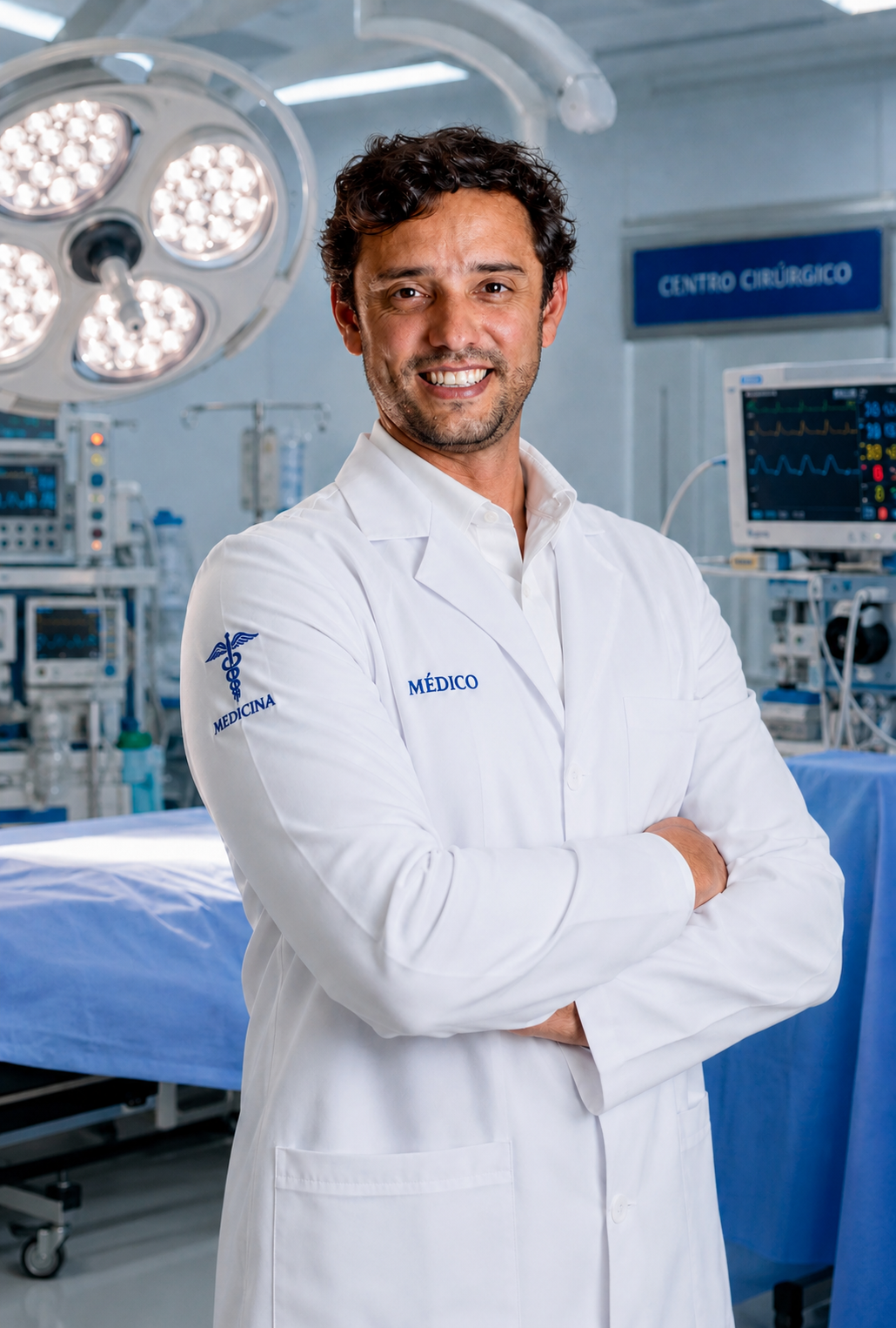 Dr. Bernardo Barros de jaleco branco em um centro cirúrgico